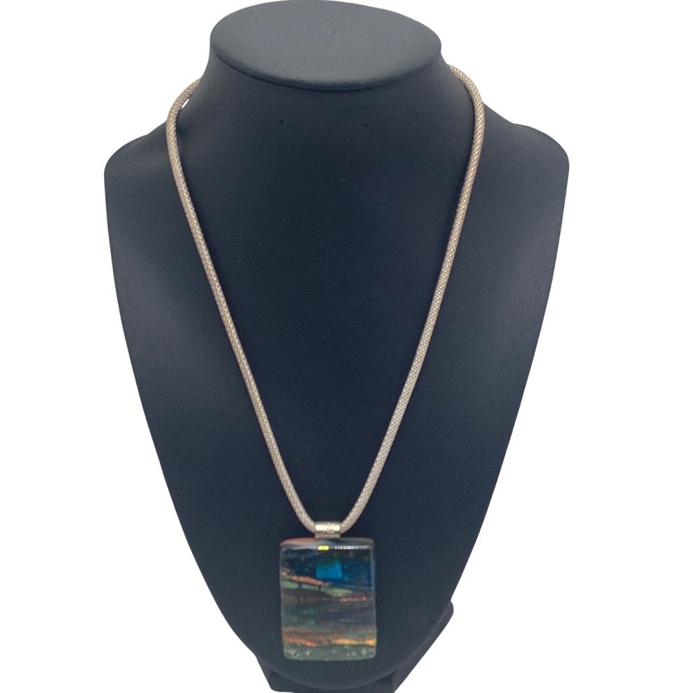 Dichroic Fused Glass Pendant Necklace Silver Tone Mesh Chain Blue Green Teal